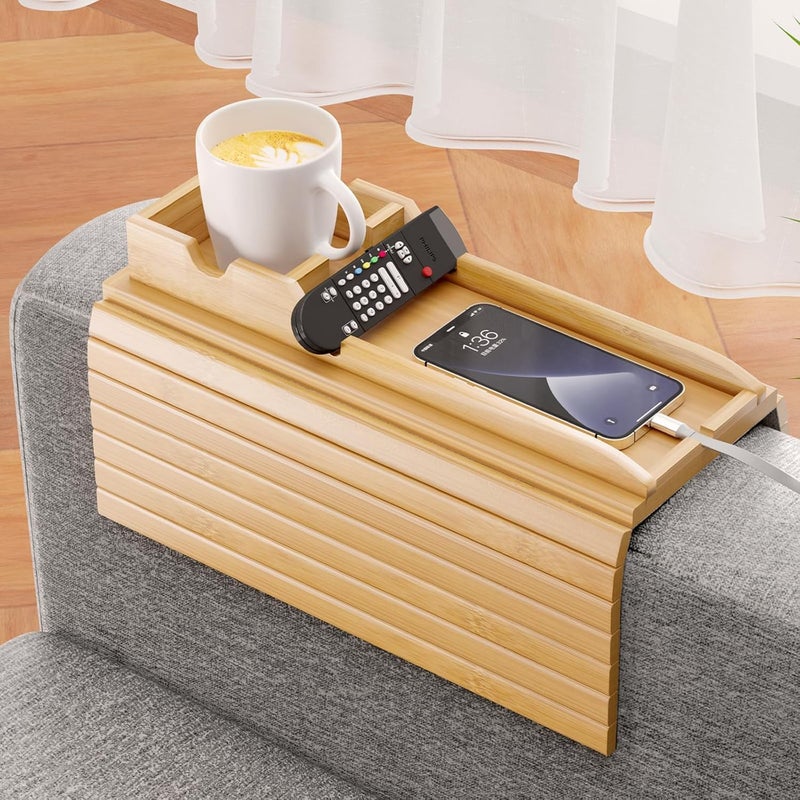 Bestjing Bamboo Sofa Armrest Tray - Couch Arm Tray with Detachable Couch Cup Holder - 2 in 1 Anti-Slip Foldable Sofa Armchair Caddy Table for Drinks Cellphone TV Remote Snacks - Image 1